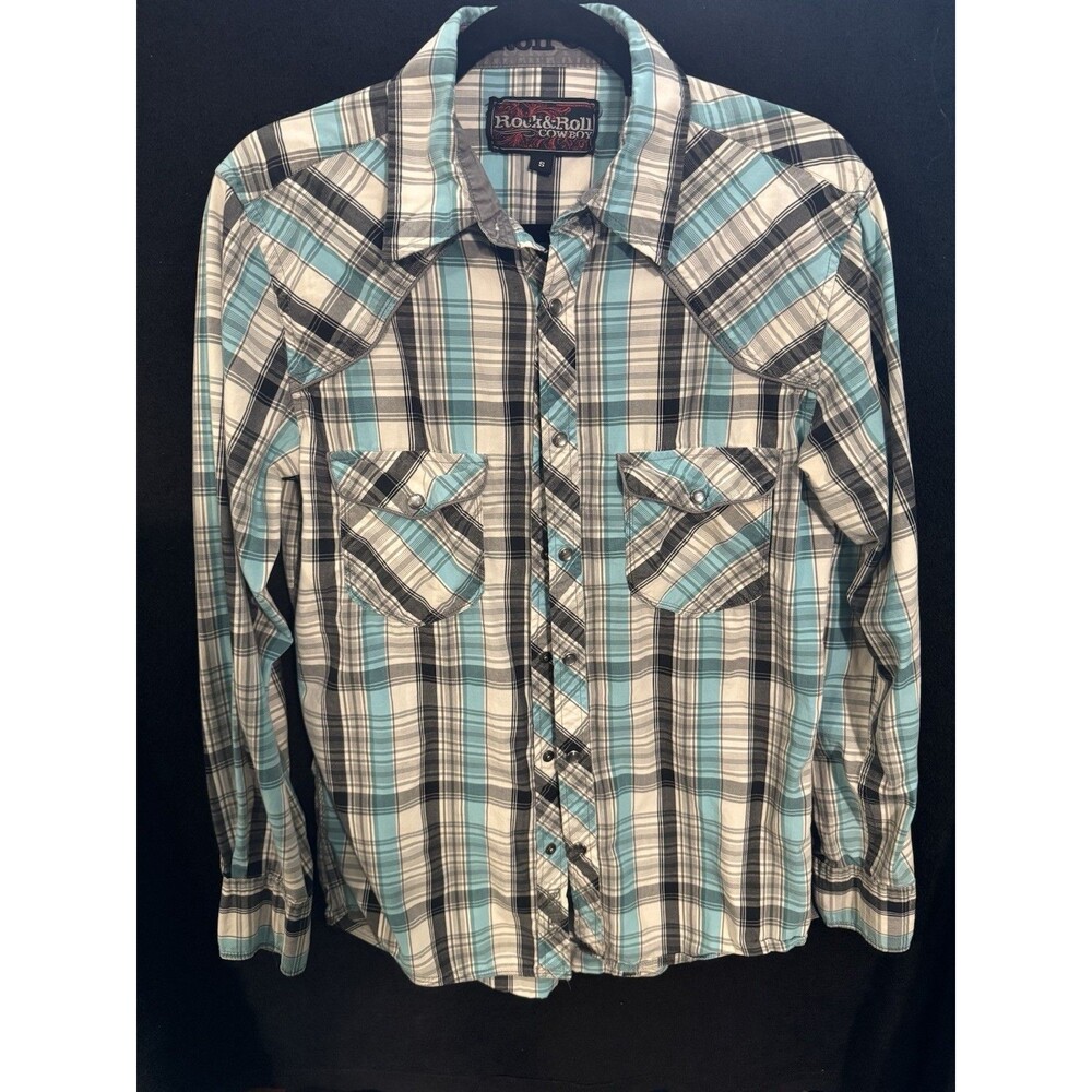 Rock & Roll Cowboy Men's Plaid Blue Cotton Button-Up Shirt S Long Sleeve Pockets
